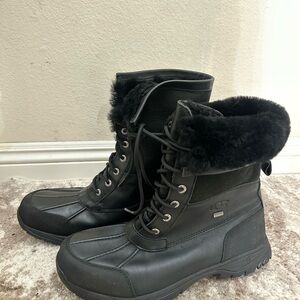 UGG Black Leather Boots with Fur Trim